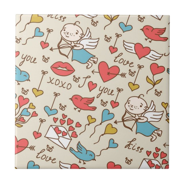 Carreau En Céramique Motif de Saint-Valentin avec le cupidon (Devant)