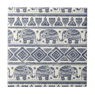 Carreau En Céramique Motif d'éléphant ethnique bleu