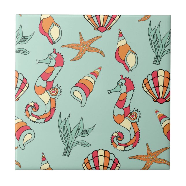 Carreau En Céramique Motif d'hippocampe et de coquillage (Devant)