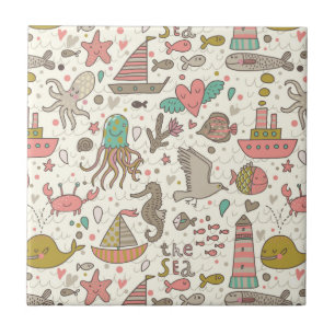 Carreau En Céramique Motif drôle d'été avec des bateaux