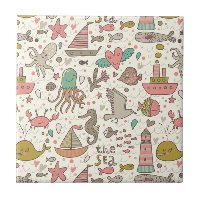 Carreau En Céramique Motif drôle d'été avec des bateaux (Devant)