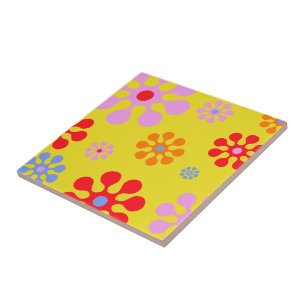 Carreau En Céramique Motif Fleur Funky Retro Trivet Jaune