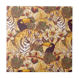 Carreau En Céramique Motif floral tropical avec le tigre