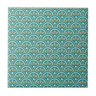 Carreau En Céramique Motif floral turquoise et kaki d'art déco