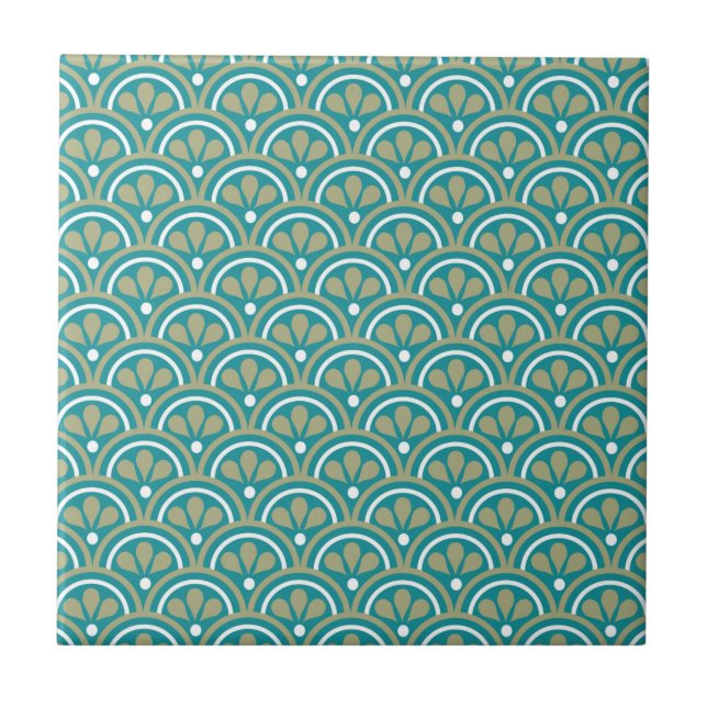Carreau En Céramique Motif floral turquoise et kaki d'art déco (Devant)