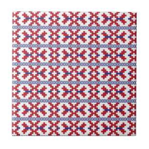 Carreau En Céramique Motif géométrique tribal rouge, bleu et blanc