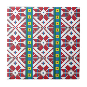Carreau En Céramique Motif géométrique tribal rouge, bleu et blanc é