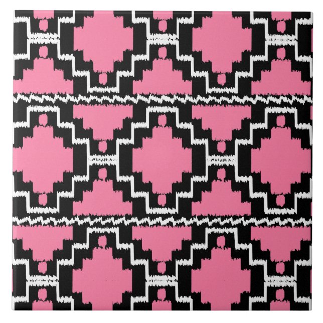 Carreau En Céramique Motif Ikat Aztec - Fuchsia rose, noir et blanc (Devant)