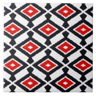 Carreau En Céramique Motif Ikat - Rouge foncé, noir et blanc