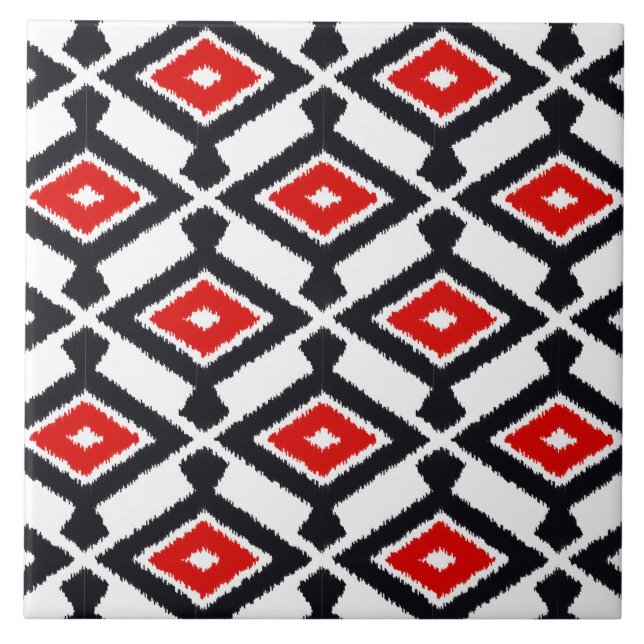 Carreau En Céramique Motif Ikat - Rouge foncé, noir et blanc (Devant)
