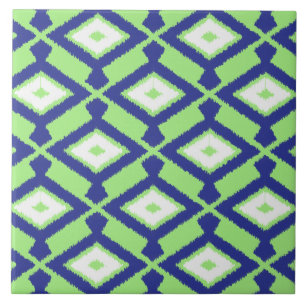 Carreau En Céramique Motif Ikat - Vert, Indigo Bleu et Blanc
