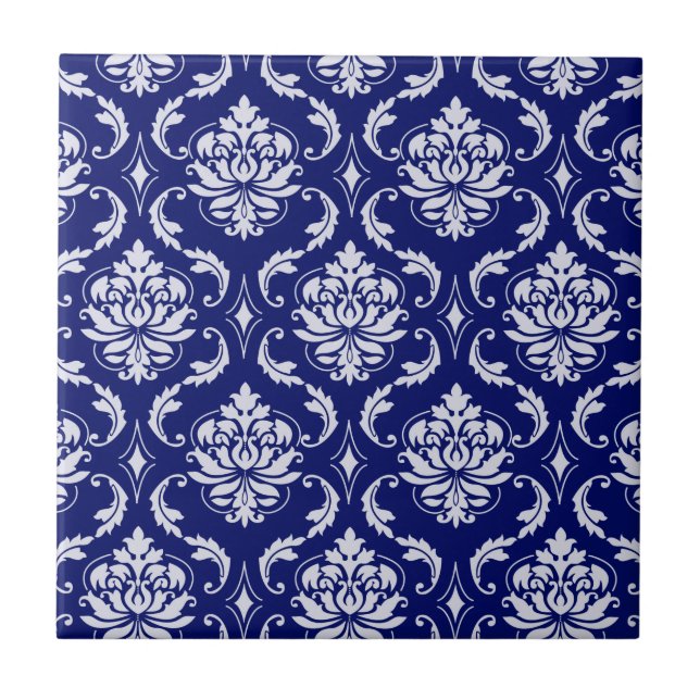 Carreau En Céramique Motif lumineux de damassé de bleu marine (Devant)