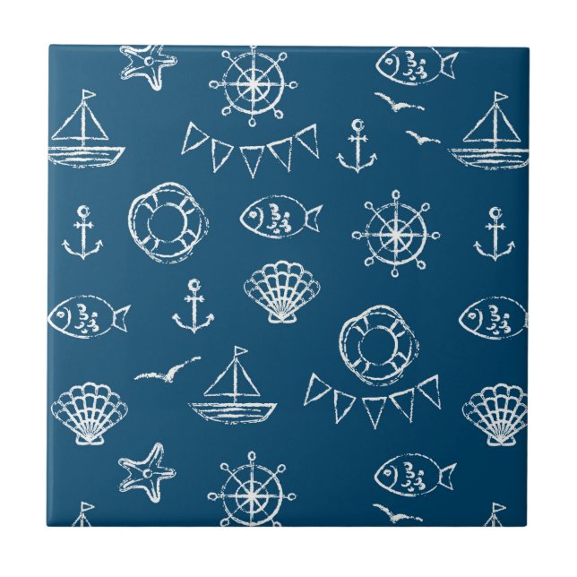 Carreau En Céramique Motif nautique 2 de dessin de craie (Devant)