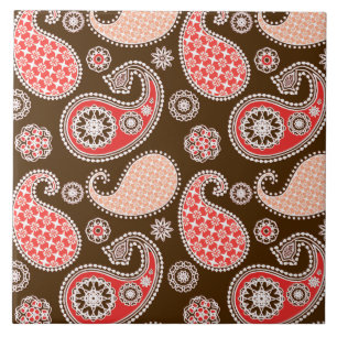 Carreau En Céramique Motif Paisley, corail et chocolat
