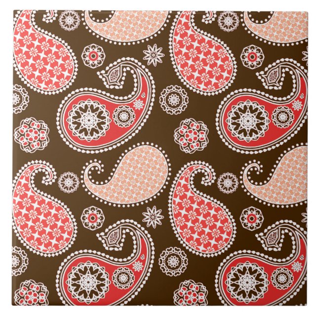 Carreau En Céramique Motif Paisley, corail et chocolat (Devant)