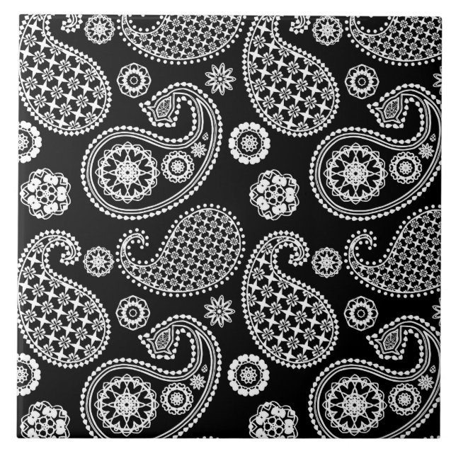 Carreau En Céramique Motif Paisley, noir et blanc (Devant)