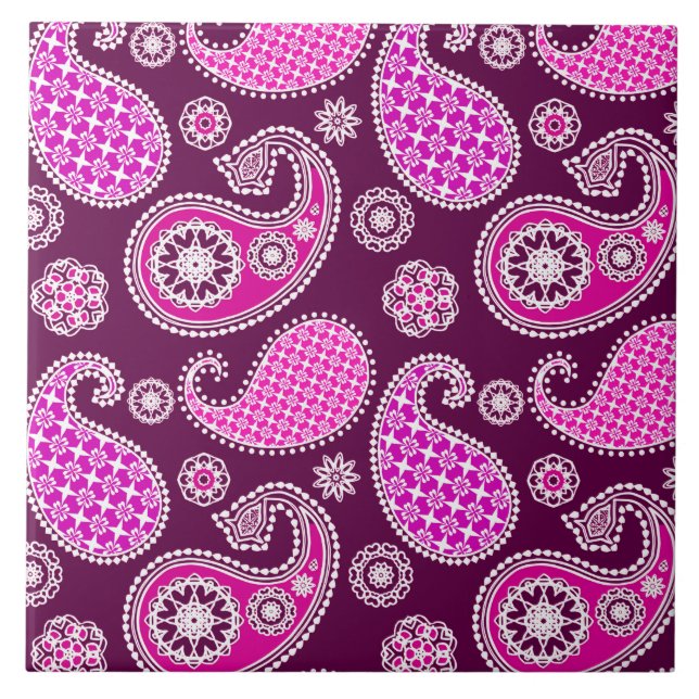 Carreau En Céramique Motif Paisley, rose fuchsia, violet et blanc (Devant)