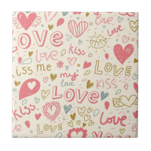 Carreau En Céramique Motif romantique avec des coeurs et des lèvres