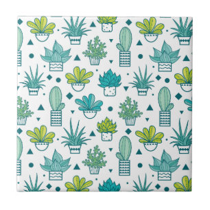 Carreau En Céramique Motif succulent d'aquarelle verte et bleue