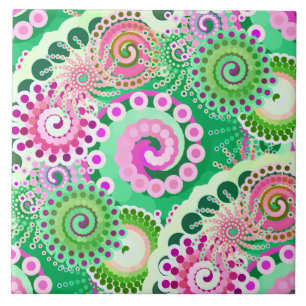 Carreau En Céramique Motif tourbillon fractal, vert, rose, multi