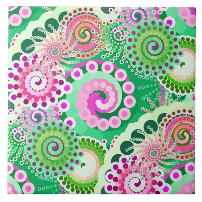 Carreau En Céramique Motif tourbillon fractal, vert, rose, multi (Devant)