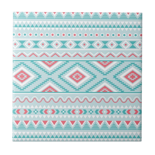 Carreau En Céramique Motif tribal aztèque turquoise et rose (Devant)