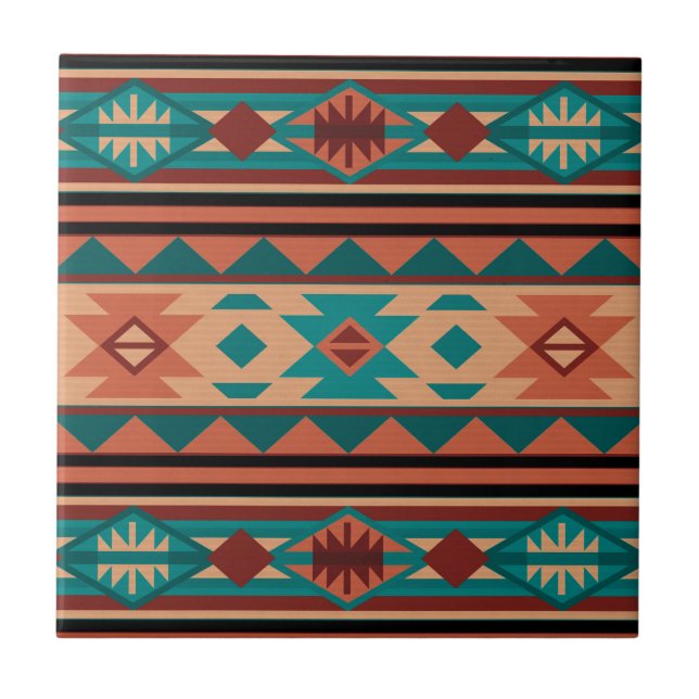Carreau En Céramique Motif Tribal Sud-Ouest Turquoise Terracotta (Devant)