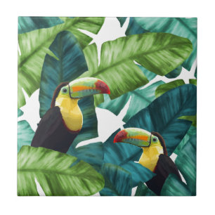 Carreau En Céramique Motif tropical de feuille de banane de toucans