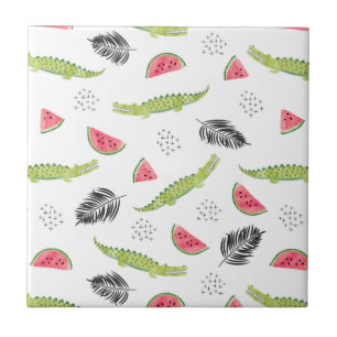 Carreau En Céramique Motif tropical de pastèque et de crocodile