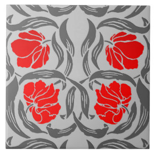 Carreau En Céramique Mouron de William Morris, gris argenté et rouge
