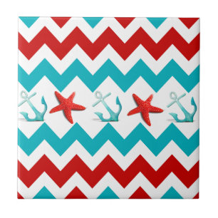Carreau En Céramique Nautical Beach Rouge Turquoise Chevron Ancres Star