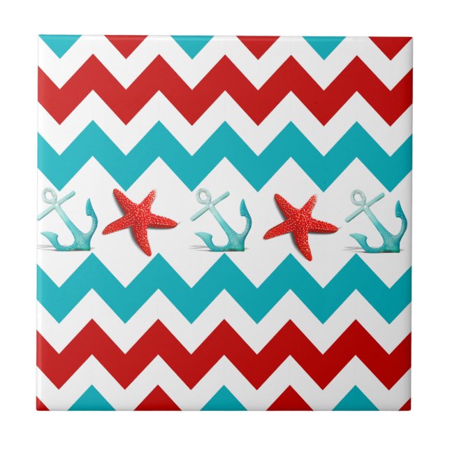 Carreau En Céramique Nautical Beach Rouge Turquoise Chevron Ancres Star (Devant)