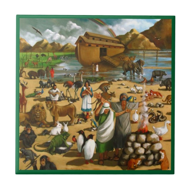 Carreau En Céramique Noé et l'arche : Peinture originale : Animaux (Devant)