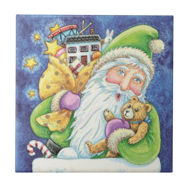 Carreau En Céramique Noël mignon, Père Noël à Chimney avec jouets (Devant)