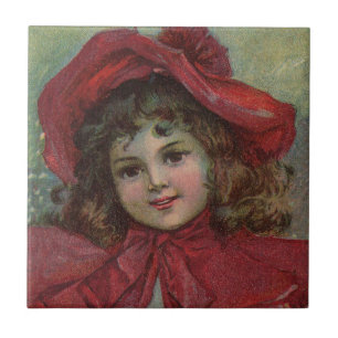Carreau En Céramique Noël Victorien Enfant Rouge Casquette Portrait Fil