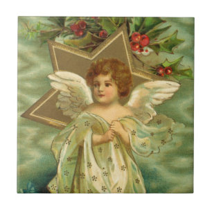 Carreau En Céramique Noël vintage, Ange victorien avec étoiles d'or