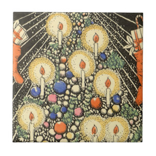 Carreau En Céramique Noël vintage, arbre avec bougies et une étoile
