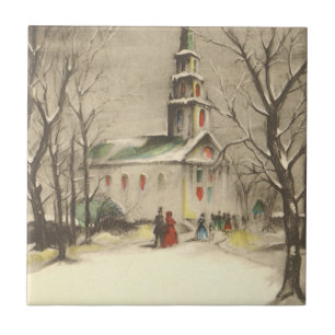 Carreau En Céramique Noël vintage, Eglise dans le paysage hivernal