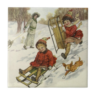 Carreau En Céramique Noël Vintage, Enfants Victoriens Dormir Chien