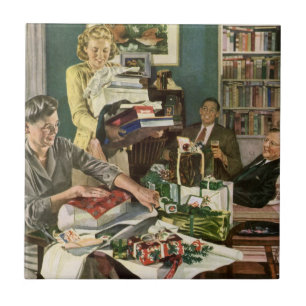 Carreau En Céramique Noël vintage, famille heureuse emballant des cadea