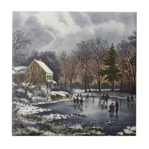 Carreau En Céramique Noël Vintage, Patins d'hiver précoce sur un étang