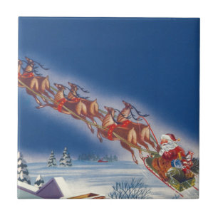 Carreau En Céramique Noël Vintage, Père Noël Flying Sleigh w Reindeer