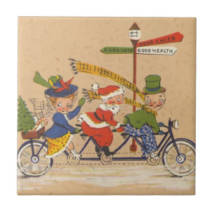 Carreau En Céramique Noël vintage, Père Noël victorien à vélo