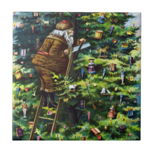 Carreau En Céramique Noël vintage, Père Noël victorien avec arbre