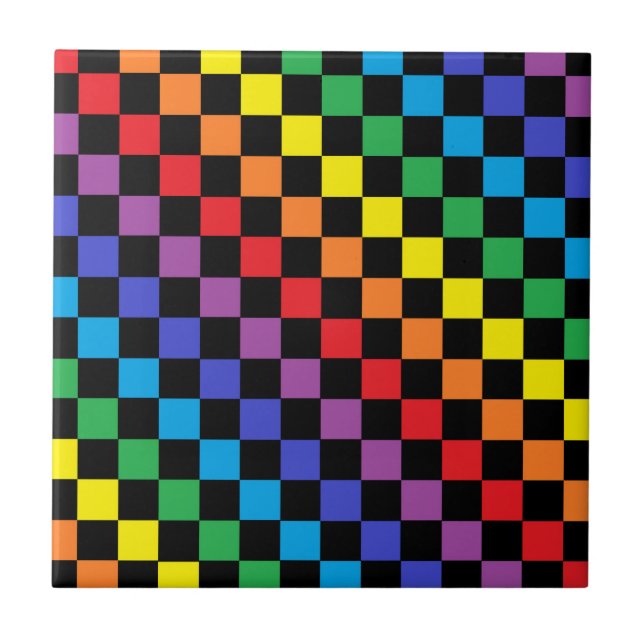 Carreau En Céramique Noir Checkered d'arc-en-ciel (Devant)