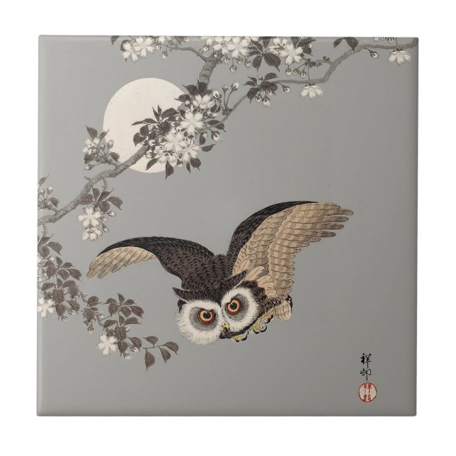 Carreau En Céramique Nuit Japonaise Chouette Lune Bois Coupe Flying Nig (Devant)