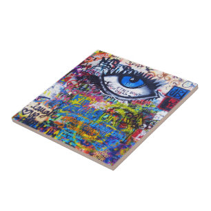 Carreau En Céramique Oeil mauvais de graffiti bleu