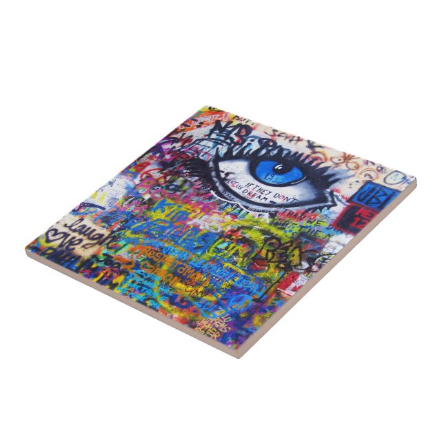 Carreau En Céramique Oeil mauvais de graffiti bleu (Côté)