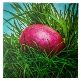 Carreau En Céramique OEuf de Pâques rouge dans l'herbe