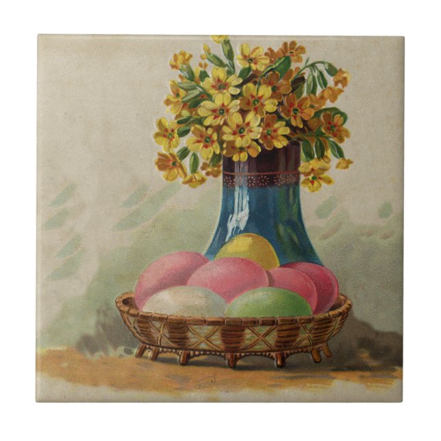 Carreau En Céramique Oeufs Pâques Panier Fleurs Antique (Devant)
